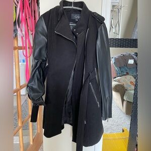 LA Coalition black faux leather sleeves belted waist jacket